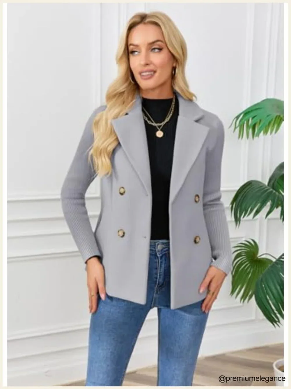 Women's Double Breasted Wool Pea Coat Notched Lapel Ribbed Knit Long Sleeve